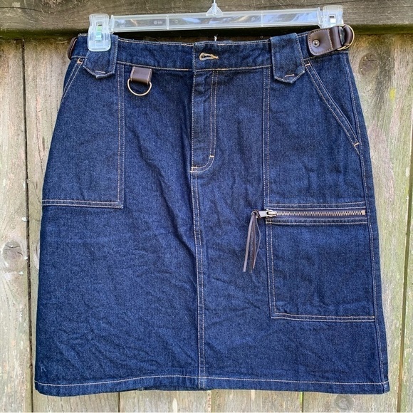 ROUTE 66 dark wash denim skirt leather trim adjustable waist summer fall winter - Picture 11 of 12